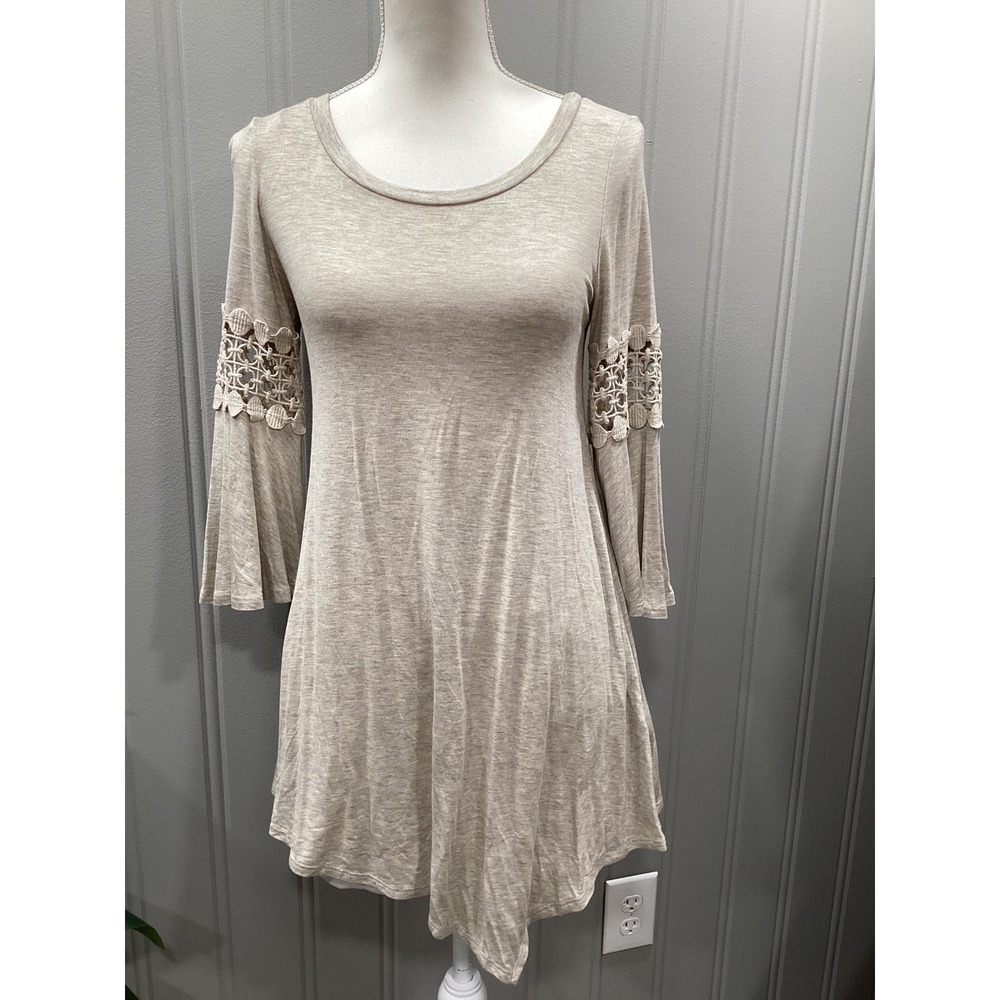 Emerald USA Women's Beige Crochet Sleeve Tunic Top Size S